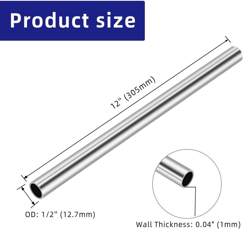 Etauwe 1/2 Inch (12.7mm) OD Round Metal Pipe, 304 Stainless Steel Tubing, 12" Length Weldable Industrial Straight Tube, 2 PCS - Image 2